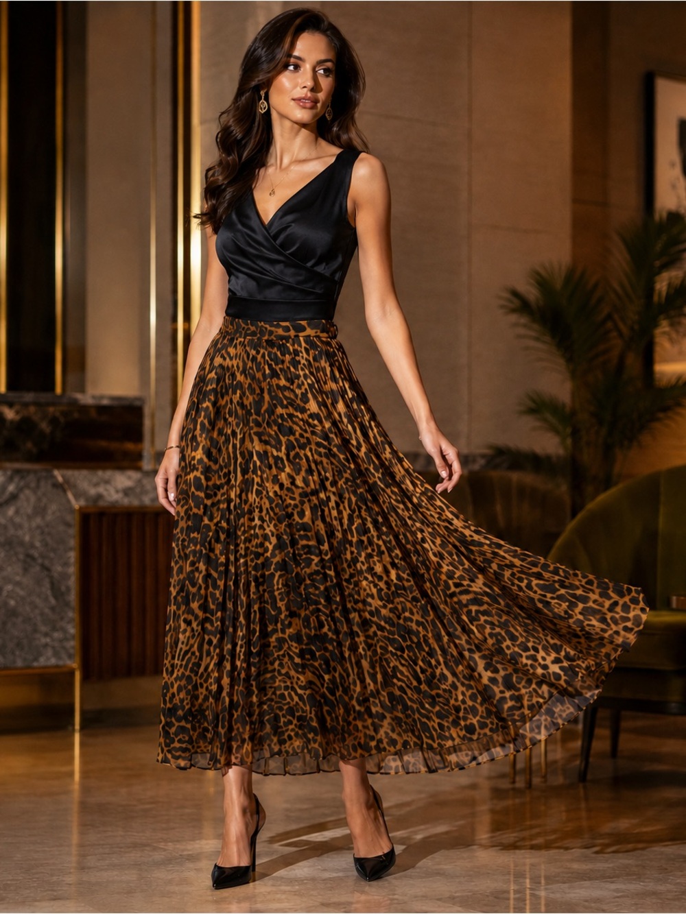 Lauren Ralph Lauren Women’s Size 8 Leopard Print Pleated Midi Skirt Lined